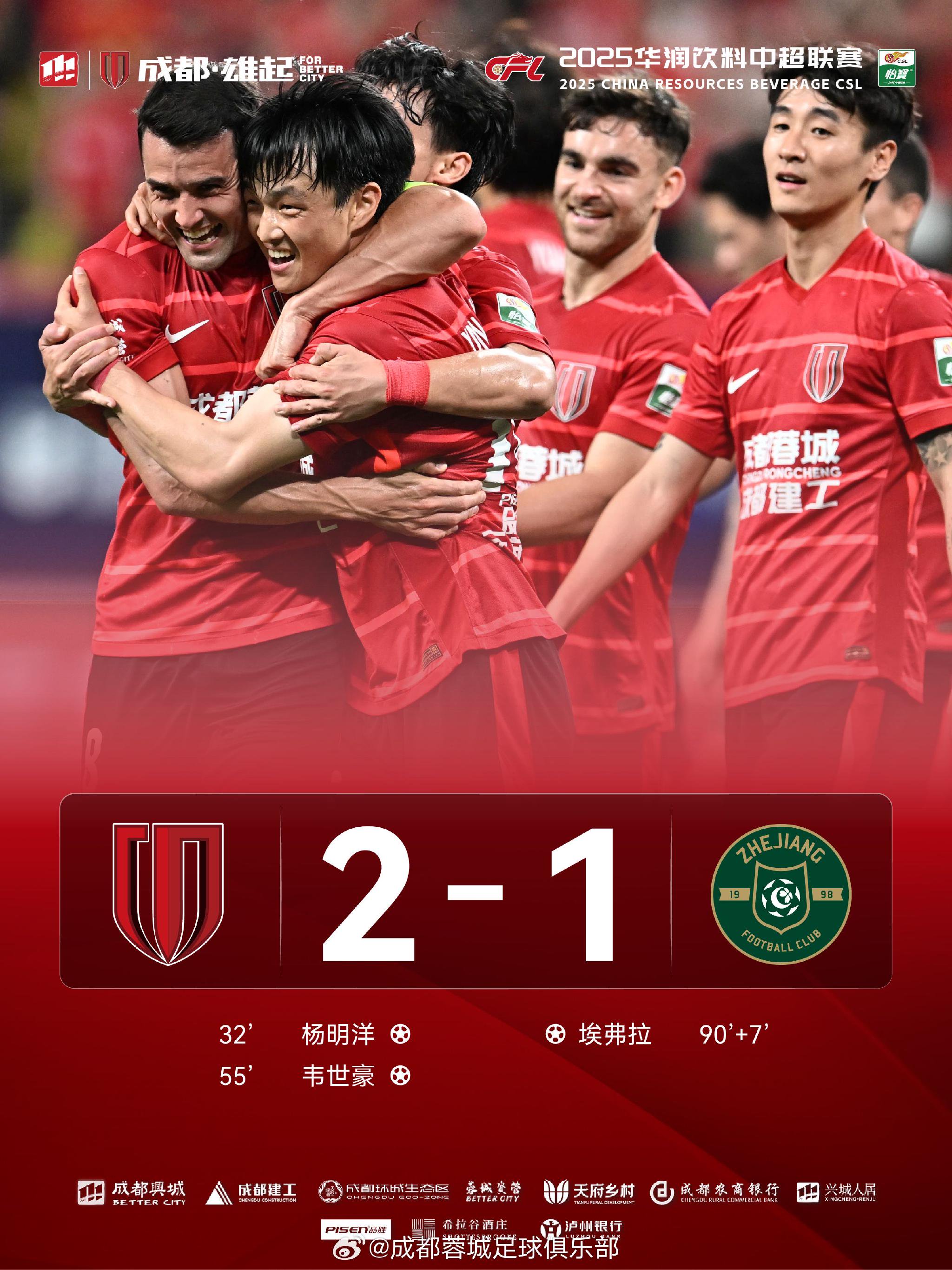 成都蓉城2-1浙江队豪取四连胜，韦世豪破门杨明洋远射建功