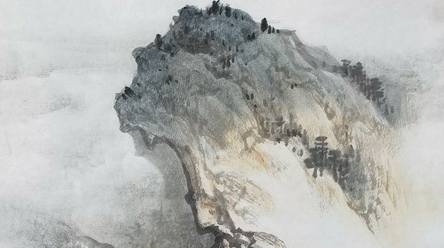 彩墨山水画名家杨天佑《云溪论道图》:一盏清酒,坐论流水飞云