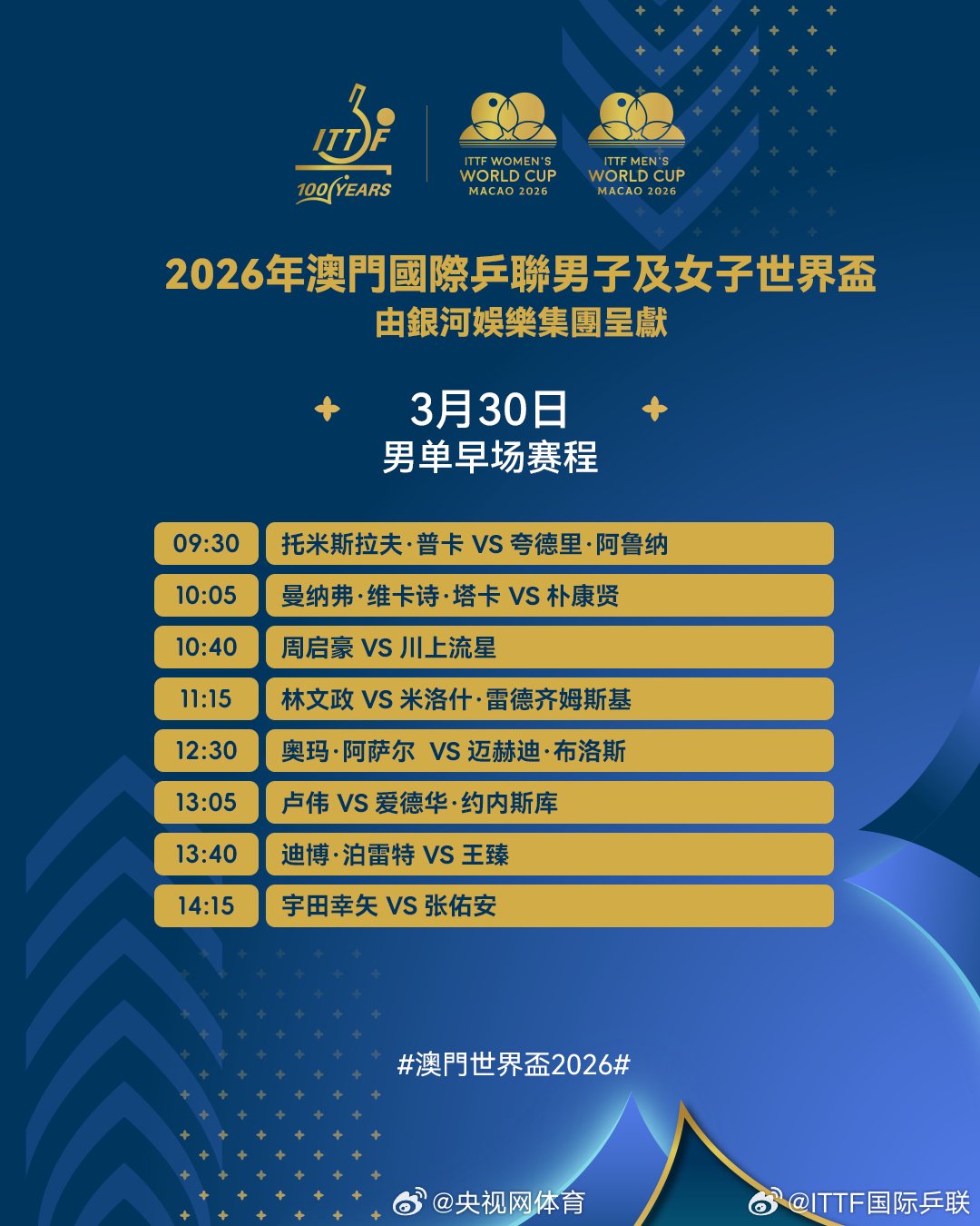 3月30日赛程出炉，国乒孙颖莎、王曼昱、周启豪等领衔出战！