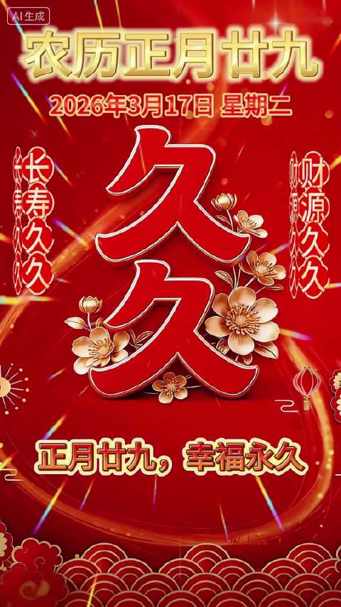 正月廿久，幸福永久，祝您平安相伴，健康久久，财源滚滚，富贵久久，吉祥如意，快乐久久！