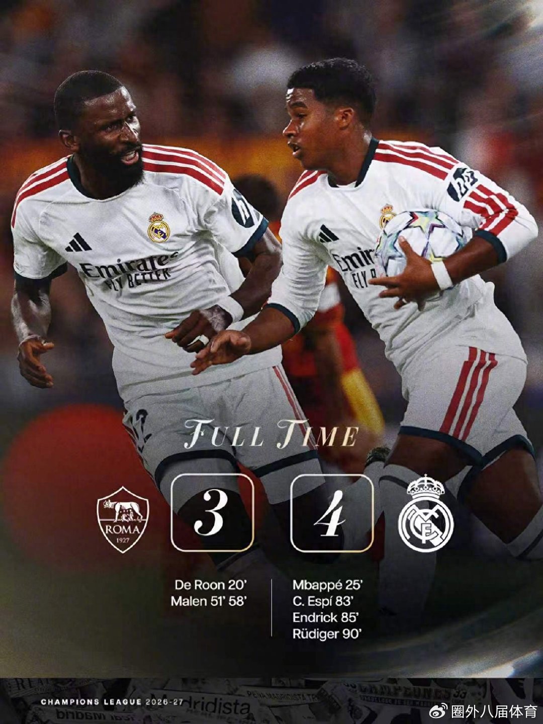 4-3！皇马绝境逆转罗马！维尼修斯迷失，恩德里克续命！