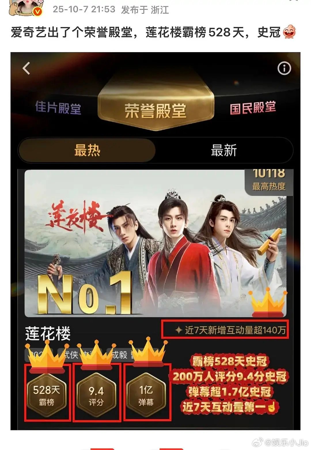 爱奇艺荣誉殿堂揭晓，莲花楼霸榜528天创纪录