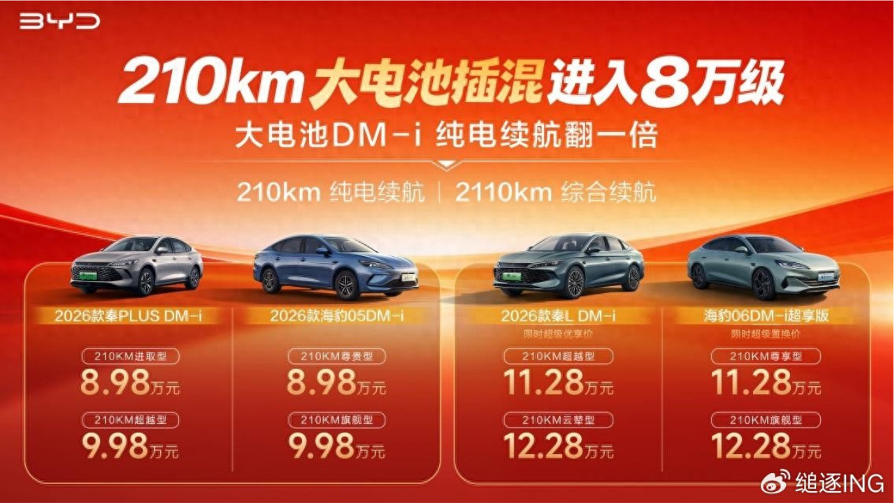 比亚迪开启大电池插混时代：210km纯电续航，8.98万元起