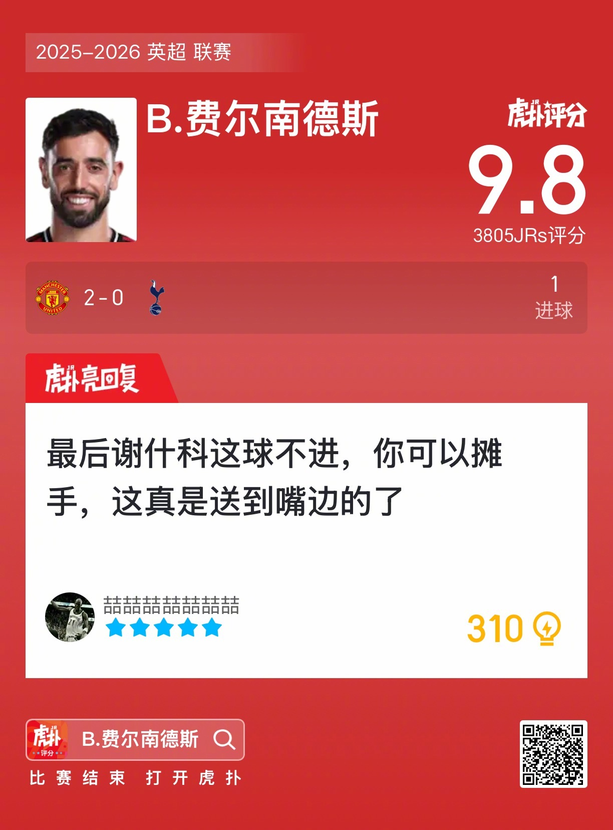 B费赛后收获9.8的虎扑评分！