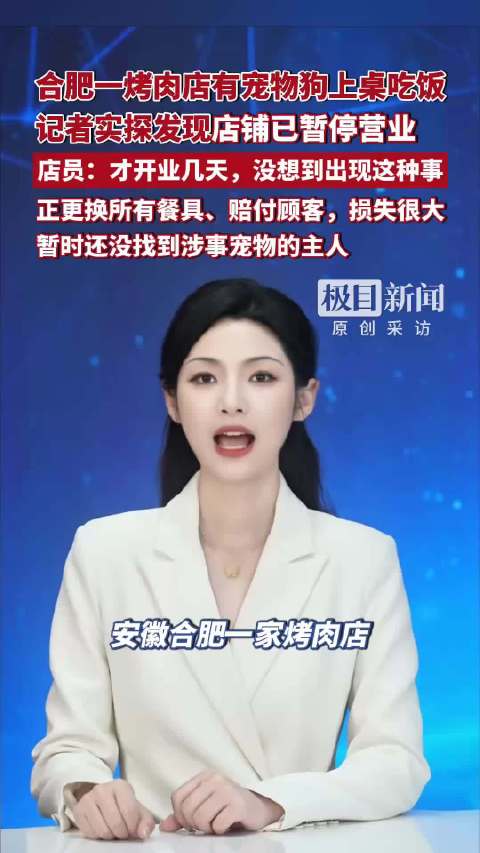 合肥一烤肉店有宠物狗上桌吃饭，极目新闻记者实探发现店铺已暂停营业。店员：才开业几天，没想到就出现这种事
