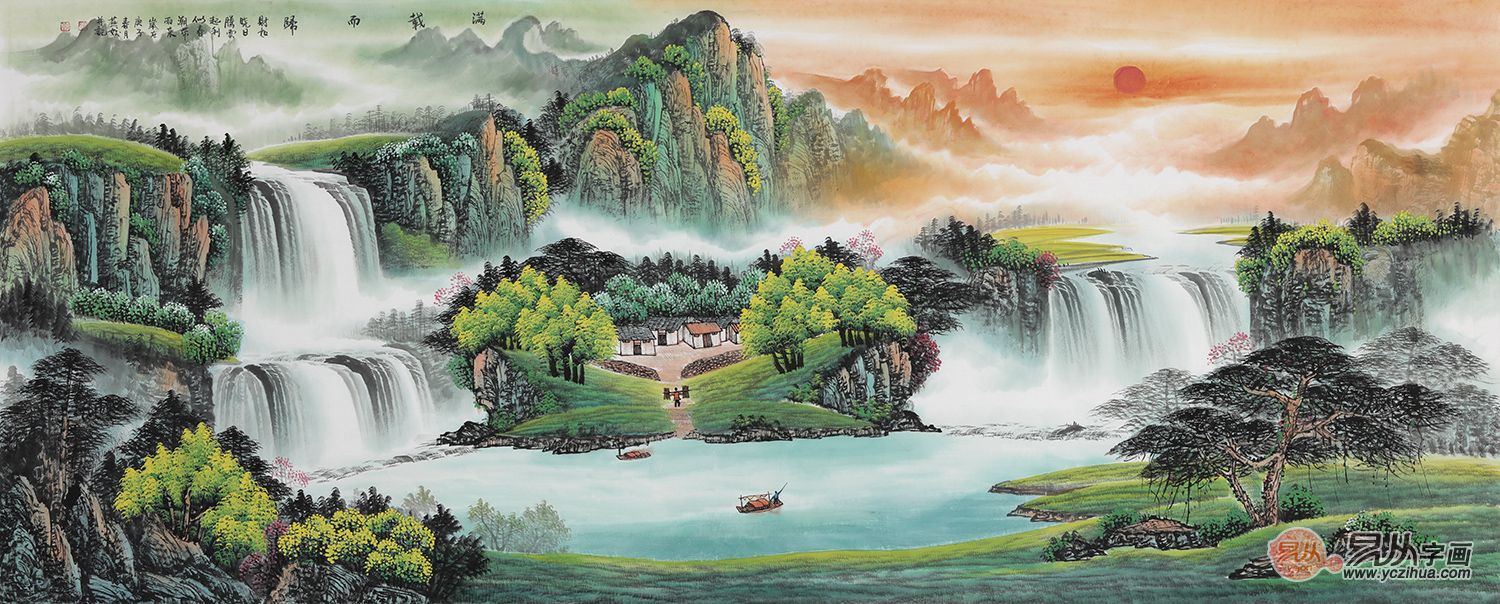 公司前台背景墙挂山水画,最好这样选