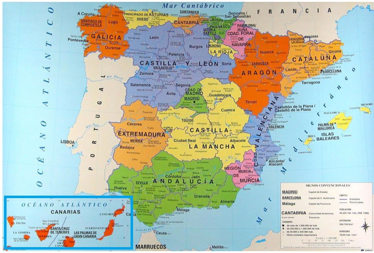我们先看一下加那利群岛的位置:    在所有正规的西班牙地图中