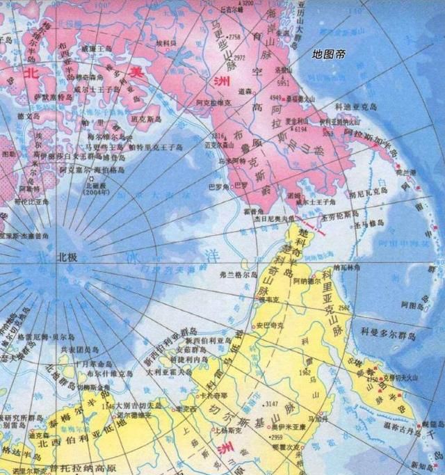 经堪察加半岛南端,到北太平洋的阿留申群岛,直达阿拉斯加,在地图上