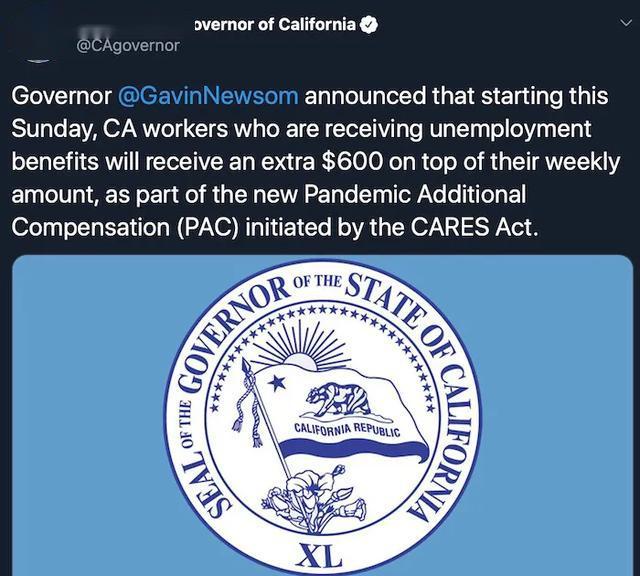加州额外补助失业者每周600美金,美国福利
