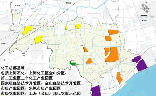 上海市金山区2035年总体规划中的工业区分布如图所示.