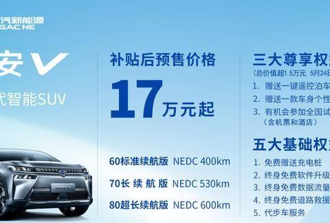 5G技术加持，三种续航版本，埃安V预售补贴后17万元起
