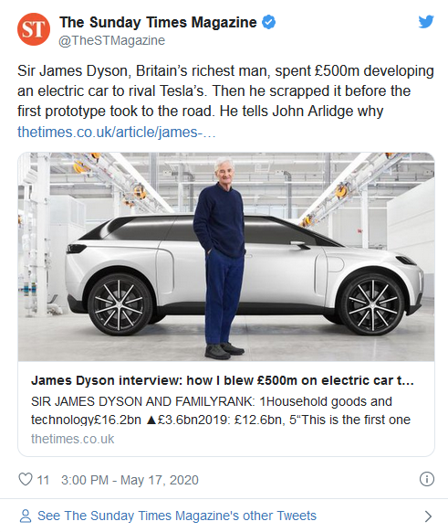 詹姆斯·戴森称被公司取消的那款电动车花了5亿英镑