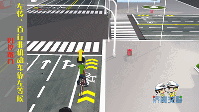 电动车，在有红绿灯的交叉路口，向左转弯时，怎么走？