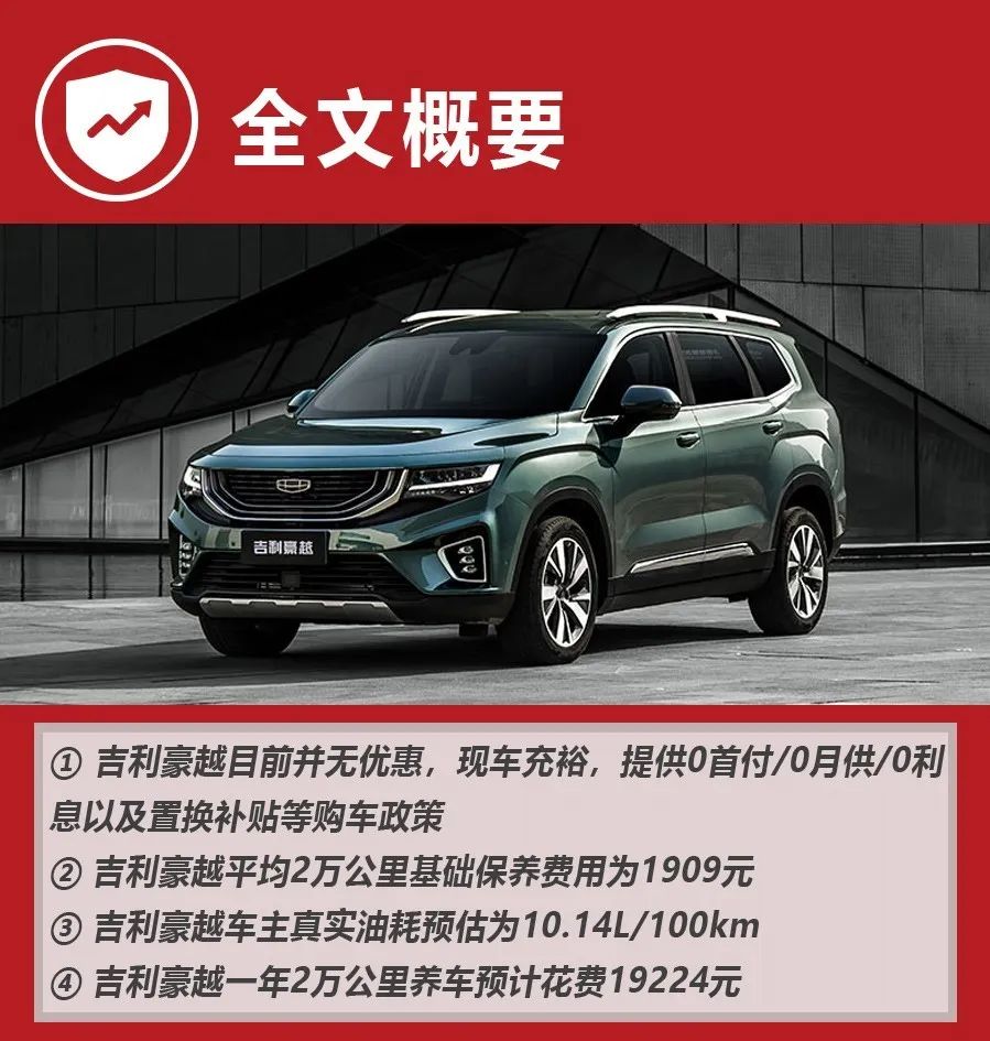 大空间中型SUV,月均花销1602元,吉利豪越购车、养车费用如何?