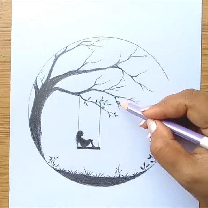 一分钟如何画一个悲伤的女孩,孤独的在树上荡秋千