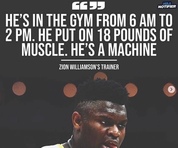 自律!锡安停赛期每天泡健身房8小时,3个月增肌16斤