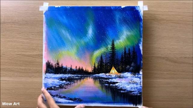 画画丙烯风景画夜晚的北极光创意丙烯画色彩风景画画画视频教程手