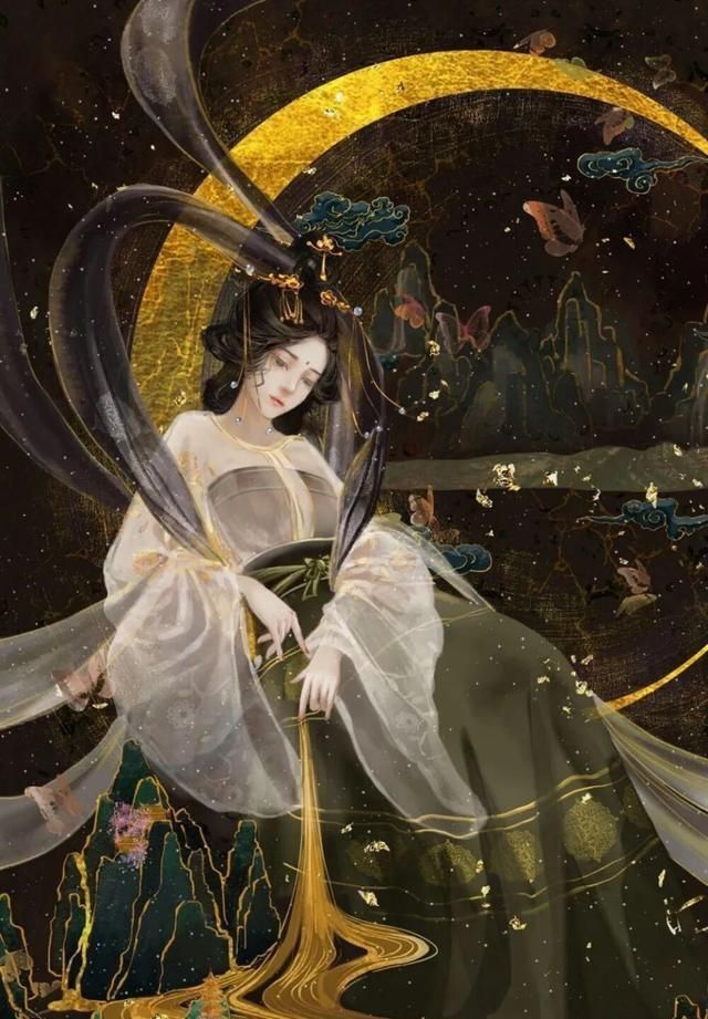 古风插画,厚重敦煌风格,构图优雅,女人的眼睛和眉毛都