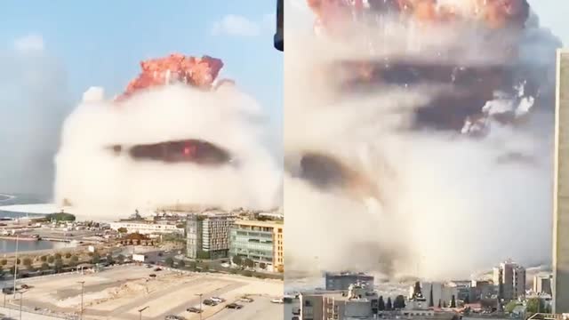 黎巴嫩首都发生大爆炸 巨大蘑菇云突然升起 拍摄者被