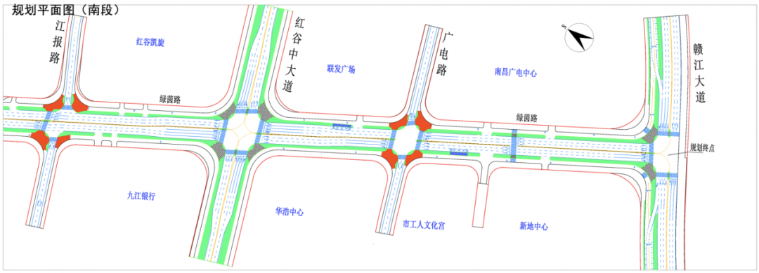 正文 沙井路—赣江大道段采用常规三块板断面形式,双向六车道,设置