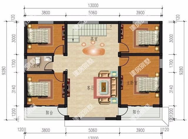 下面两款面宽13米的农村别墅户型,很美很实用的设计.   户型一:13×9.