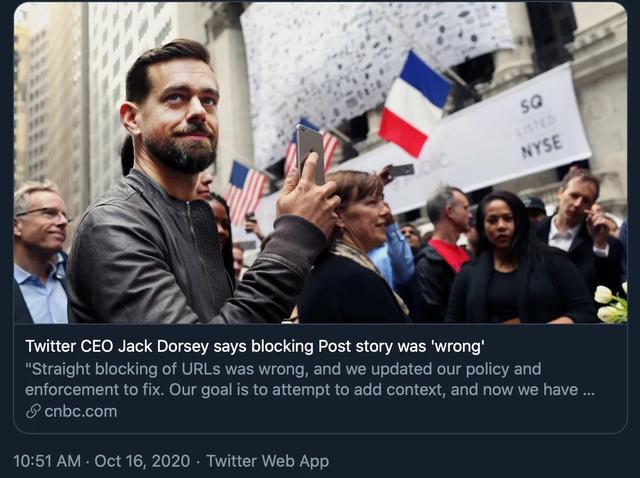 封杀拜登电邮门报道遭狂批 推特发文认错