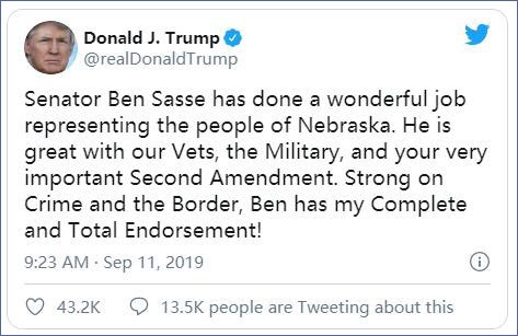 特朗普发推:本·萨斯获得了他“完全的认同”
