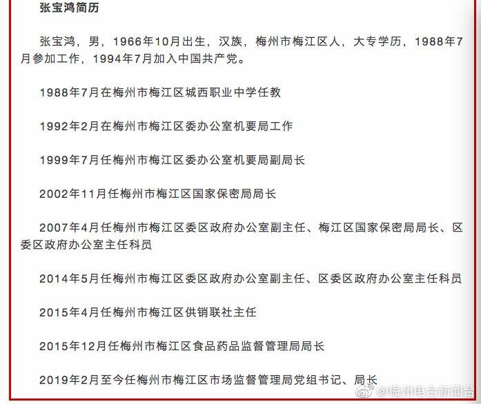 梅州市梅江区市场监督管理局党组书记,局长张宝鸿接受纪律审查和