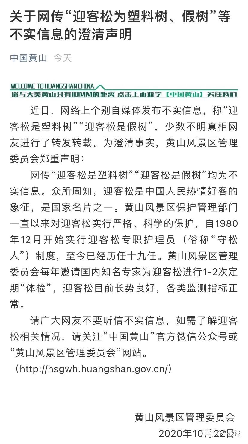 黄山迎客松是塑料的?景区回应(图)