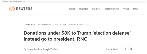 特朗普团队呼吁支持者捐钱打官司 但钱不会用于