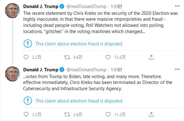 特朗普解雇美国国土安全部一局长 不满其对选举