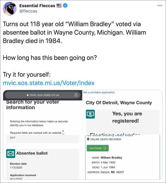 美国大选核查 密歇根州118岁去世老人也投票了 假的
