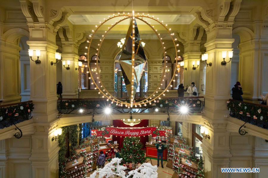 New Year decorations are seen in the GUM department store near Red Square in Moscow, Russia, on Dec. 2, 2020. (Xinhua/Bai Xueqi)