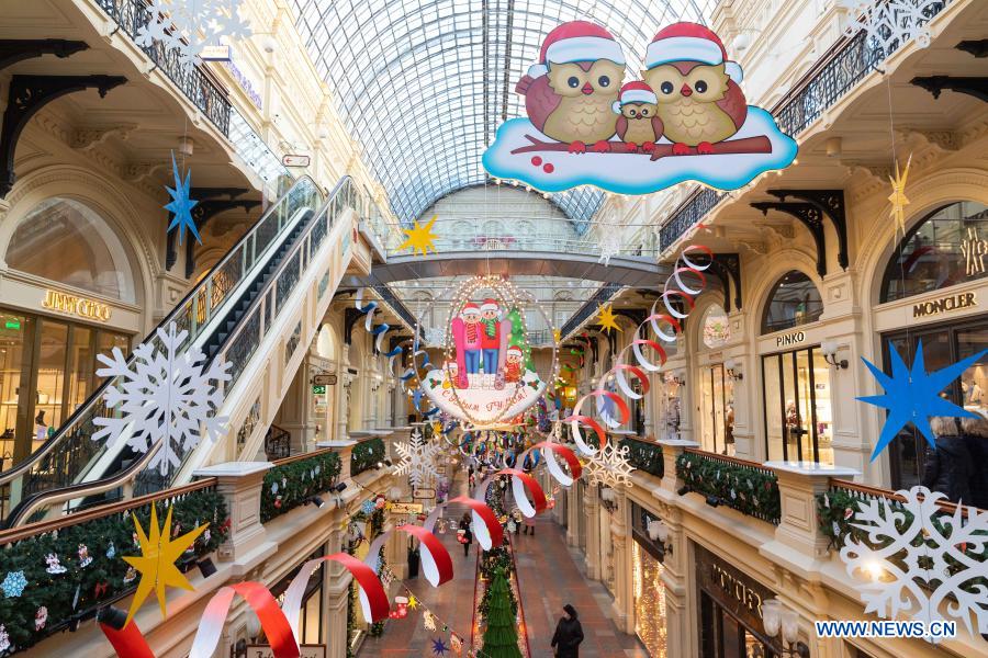 New Year decorations are seen in the GUM department store near Red Square in Moscow, Russia, on Dec. 2, 2020. (Xinhua/Bai Xueqi)