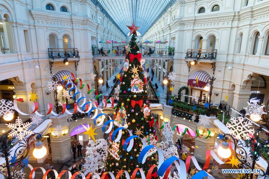 New Year decorations are seen in the GUM department store near Red Square in Moscow, Russia, on Dec. 2, 2020. (Xinhua/Bai Xueqi)