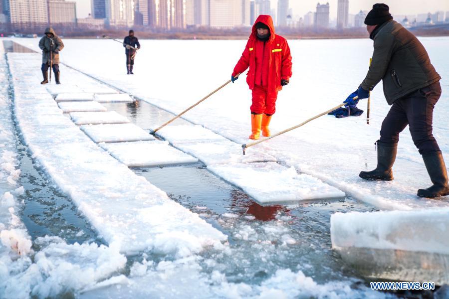 Workers collect ice from the Songhua River in Harbin, capital of northeast China's Heilongjiang Province, Dec. 7, 2020. Ice cubes collected from the frozen Songhua River will be used in decoration of the city. (Xinhua/Wang Song)