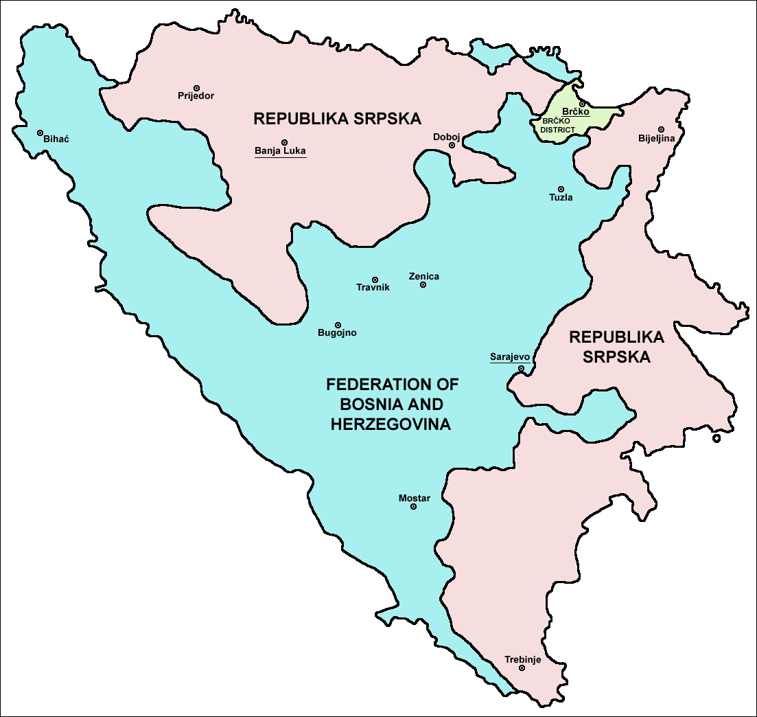如今的波黑由波黑联邦（蓝色）和塞族共和国（黄色）组成，绿色是共同管理的布尔奇科区。图自维基百科
