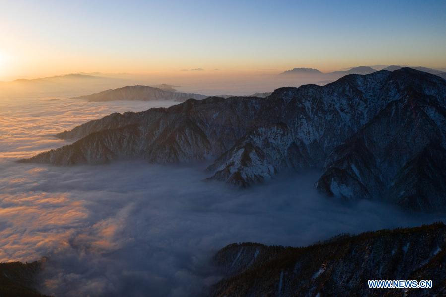 Aerial photo taken on Dec. 10, 2020 shows clouds in morning light seen from the top of the Guangtou Mountain in Tianquan County, southwest China's Sichuan Province. (Xinhua/Jiang Hongjing)