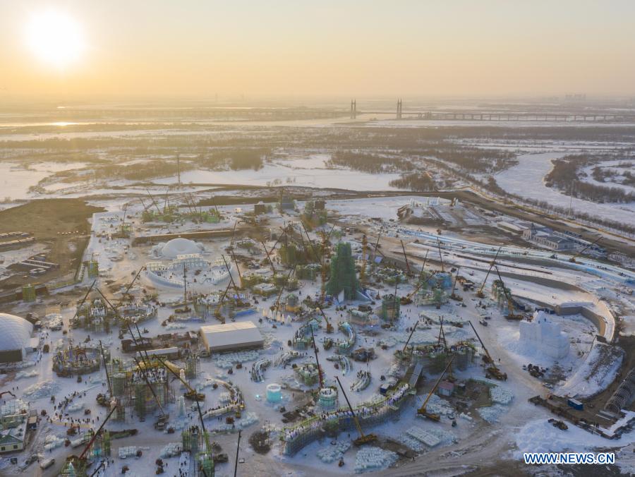 Aerial photo taken on Dec. 14, 2020 shows the Harbin Ice-Snow World, a renowned seasonal theme park opening every winter, in Harbin, northeast China's Heilongjiang Province. The 22nd Harbin Ice-Snow World is expected to open in late December. (Xinhua/Xie Jianfei)