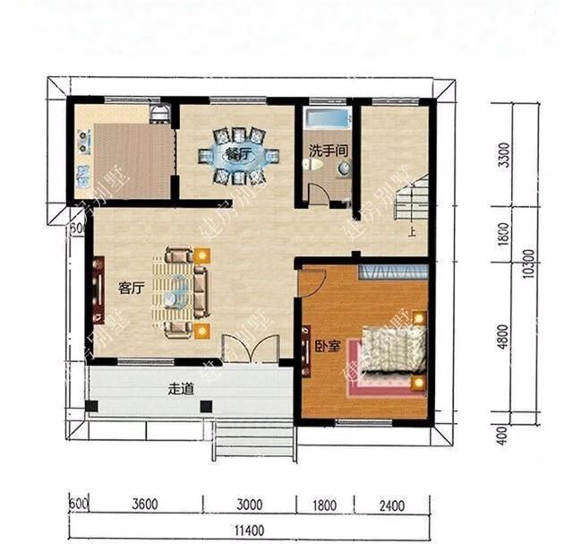 平面图:一层配一室两厅一厨一卫和楼梯储物室,二层配三室一厅一卫和