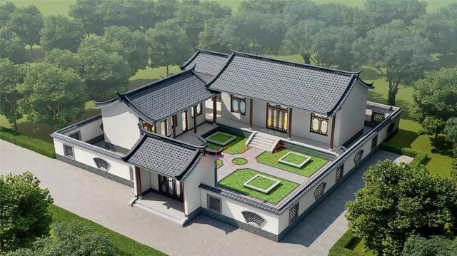 农村一层别墅设计图,前庭后院,是家人理想的中式合院