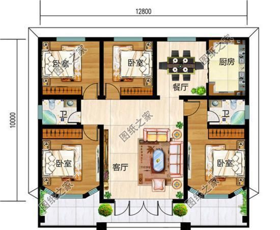 主卧(带卫生间),卧室x3,卫生间;     图纸介绍:这款农村一层四间平房