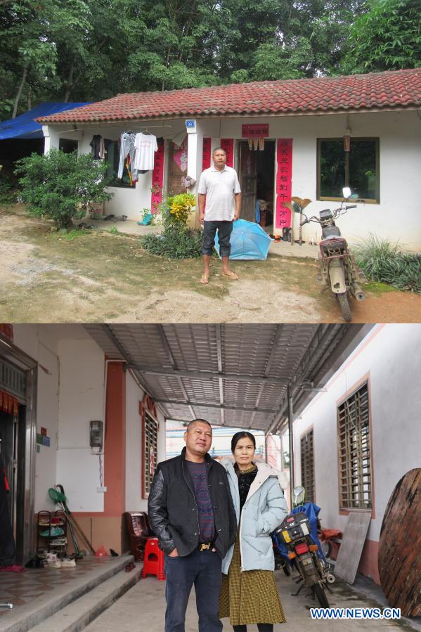 TOP: Photo taken in 2016 shows villager Wang Yongchang posing with his old house in Baorui Village, Qiongzhong County, south China's Hainan Province. BOTTOM: Photo taken on Dec. 17, 2020 by Zhang Liyun shows villager Wang Yongchang and his wife posing with their new home in Baorui Village. Visitors are likely to be impressed by brand-new residences and smooth paved roads when they come to Baorui Village in Hainan Province. But such a scene is barely imaginable back in 2017 when people of the Li ethnic group inhabiting here were mostly mired in poverty and lived in dilapidated houses. Back then, the village only had muddy paths with many places inaccessible even to motorcycle traffic. For a village which grows rubber trees as sole source of income, lack of decently paved roads had made it extremely difficult for villagers to transport and sell rubber. The year 2017 was a turning point for the villagers. In that year, thanks to a government-funded housing and infrastructure renovation plan, 62 households renovated their homes and 1.66 kilometers of roads were built. In the village, almost every family grows rubber trees for a living. To mobilize villagers, the local government bought them natural rubber price insurance to hedge against price risks. Some other impoverished villagers turned to raise farm animals as another way to cast off poverty. Only within years, the villagers here have access to tap water and natural gas, and they also have entertainment and sports facilities. All 167 residents of the 41 officially registered poor households shook off poverty by the end of 2018. (Xinhua)