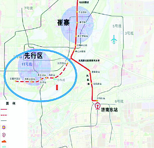 环评信息显示,新建至济阳区(先行区)有轨电车线路南起于济南东站,沿