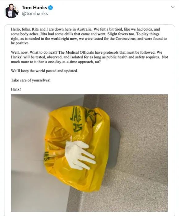《阿甘正传》主演汤姆汉克斯与妻子确诊新冠肺炎!