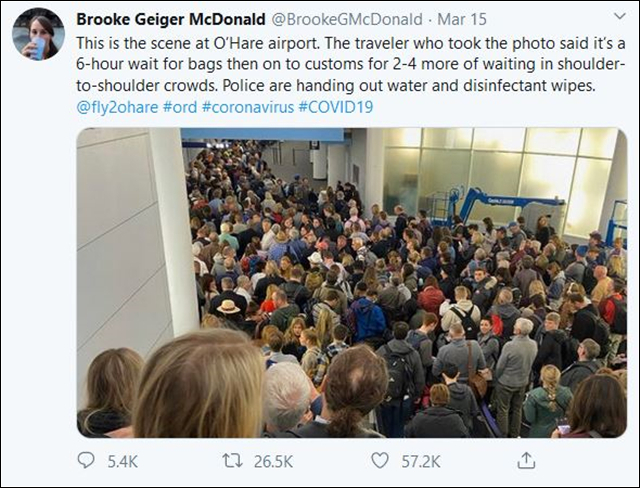 网友推特曝光奥黑尔机场机场的混乱 推特截图