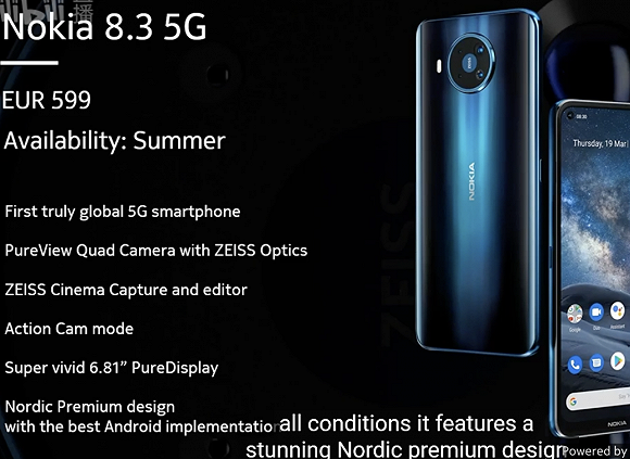 诺基亚发布首款5G手机诺基亚8.3 5G，售价599欧元