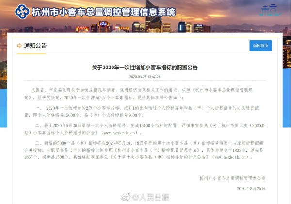 北京放宽限购尚未论证，杭州先宣告增加2万个小客车摇号指标