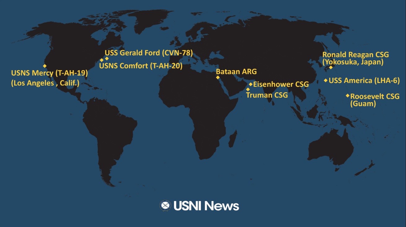  西太平洋，“罗斯福”号航母和“里根”号航母均无法投入部署，美军在亚太地区又陷入“航母空窗期” 图源：USNI