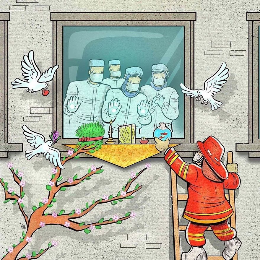 伊朗艺术家创作的这组插图, 展示了新冠病毒爆发期间医护人员面对的